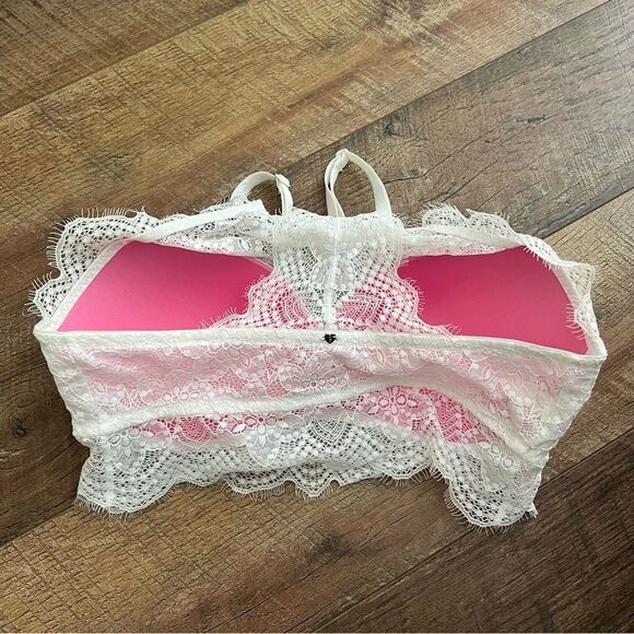 White Victoria's Secret PINK Eyelash Lace High Neck Push Up Bralette Sz Medium - Picture 7 of 15